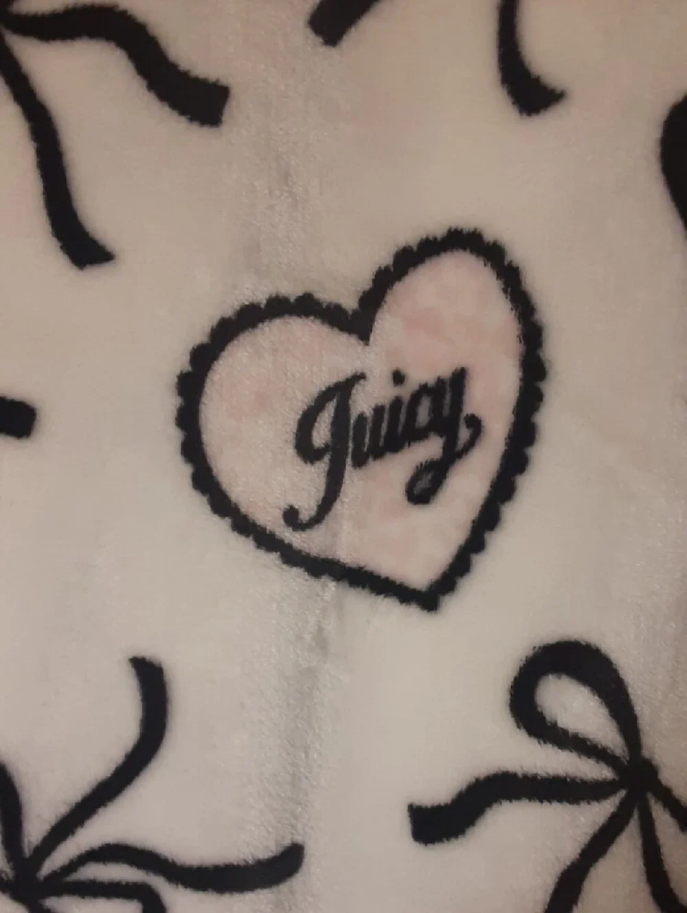 Juicy Couture White Plush Throw with Black Bows & Light Pink Hearts